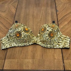 Hand-Sewn Gold Sequin Flower Embellished Bra 38c